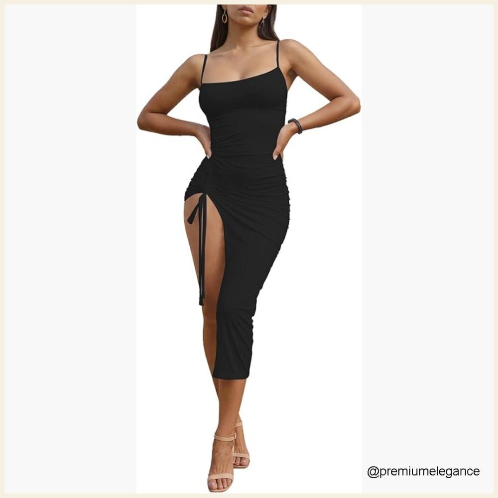Sexy Spaghetti Strap Bodycon Maxi Dress with Thigh-High Slit & Ruched Detail
